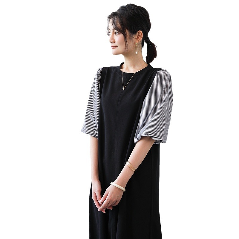 Japanese Style Stitching Puff Sleeve dress Mid-length Loose Fake Two-piece Set Commuter Elegant Summer Round Neck dress