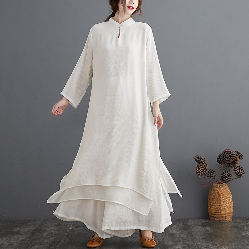 Foreign trade plus size spring original Chinese medium and long version artistic yoga clothes tea clothes Zen dance clothes suit women's artistic two-piece suit