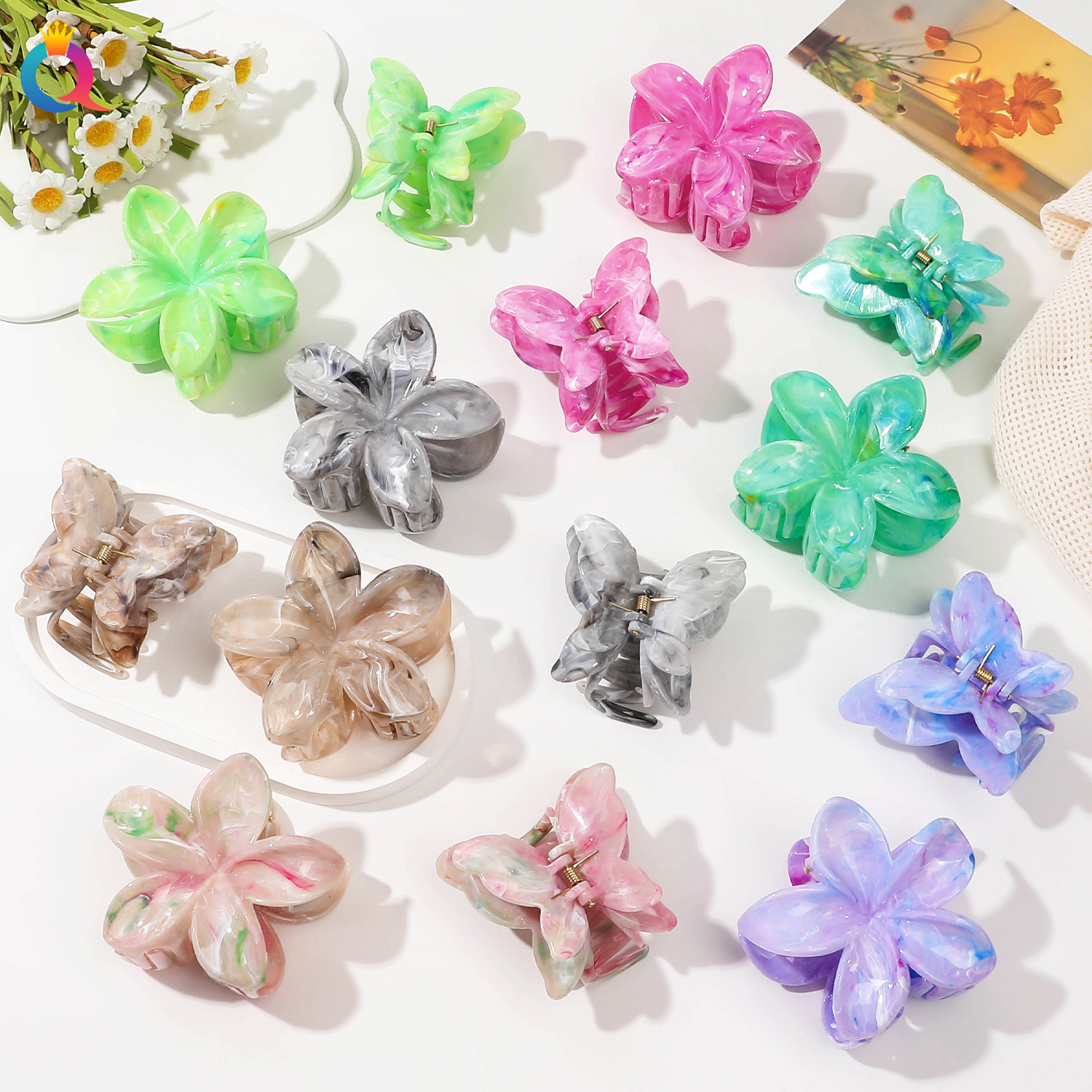 Qiyue cross-border marble pattern flower catch clip large egg flower hair clip plate hair shark clip hair catch hair accessories wholesale_voghion.com