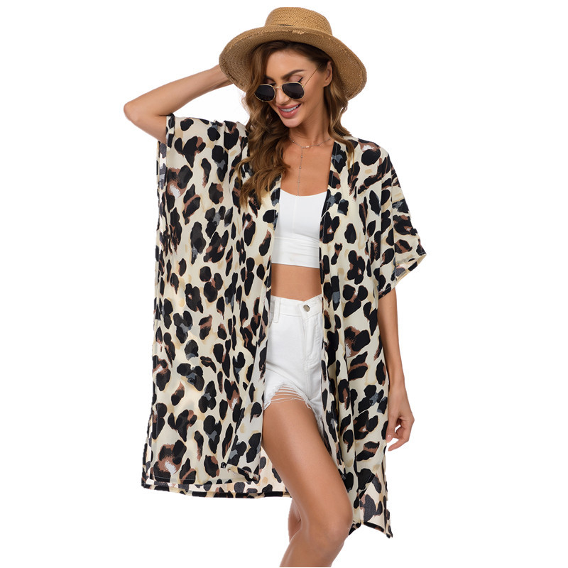 European and American Leopard Print Beach Dress Sunscreen Shirt Cross-border Women's Mid-length Beach Blouse Printed Chiffon Top Cardigan Women