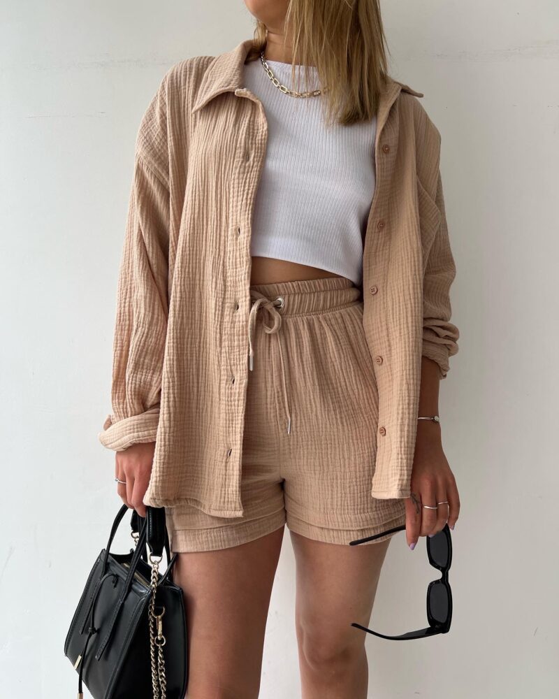 2023  European and American Women's Wrinkled Lapel Long Sleeve Shirt High Waist Drawstring Shorts Fashion Casual Two-Piece Set_voghion.com