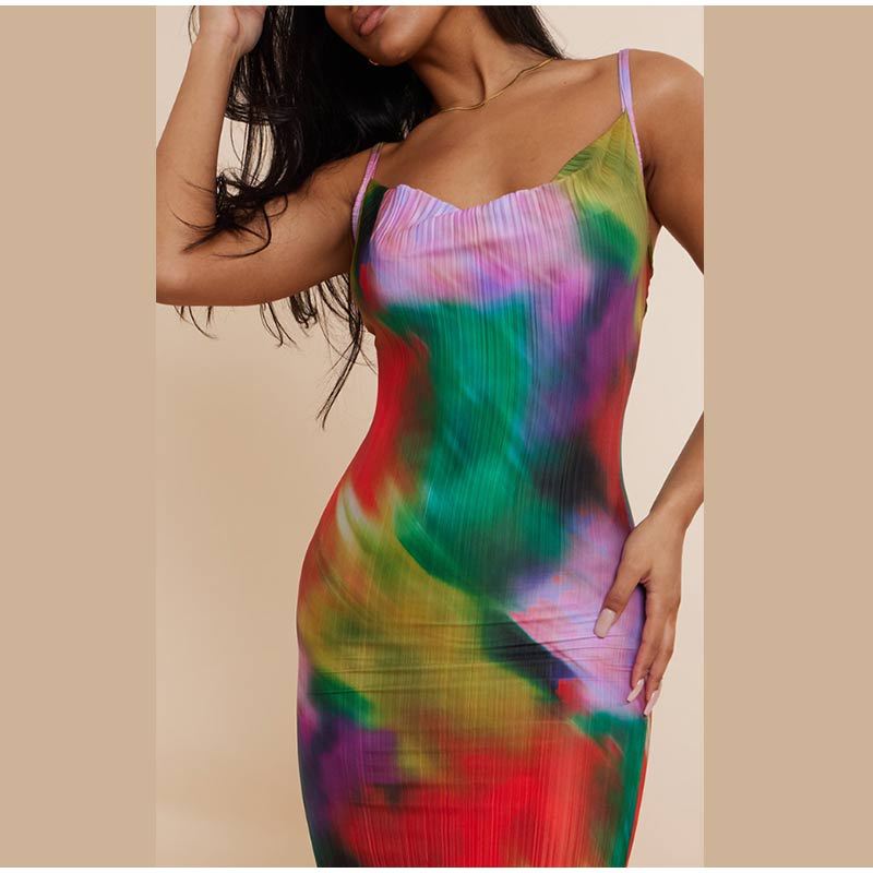 2023 European and American cross-border Russian Amazon popular printed pleated slim slimming sling dress HY009
