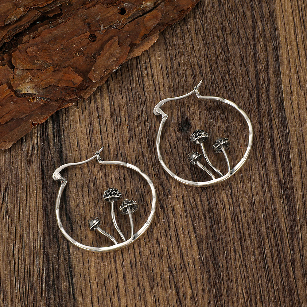 Vintage Ancient Silver Branch Ring Earrings Carving Ancient Silver Ethnic Mushroom Tribal Pendant Earrings Women's Jewelry