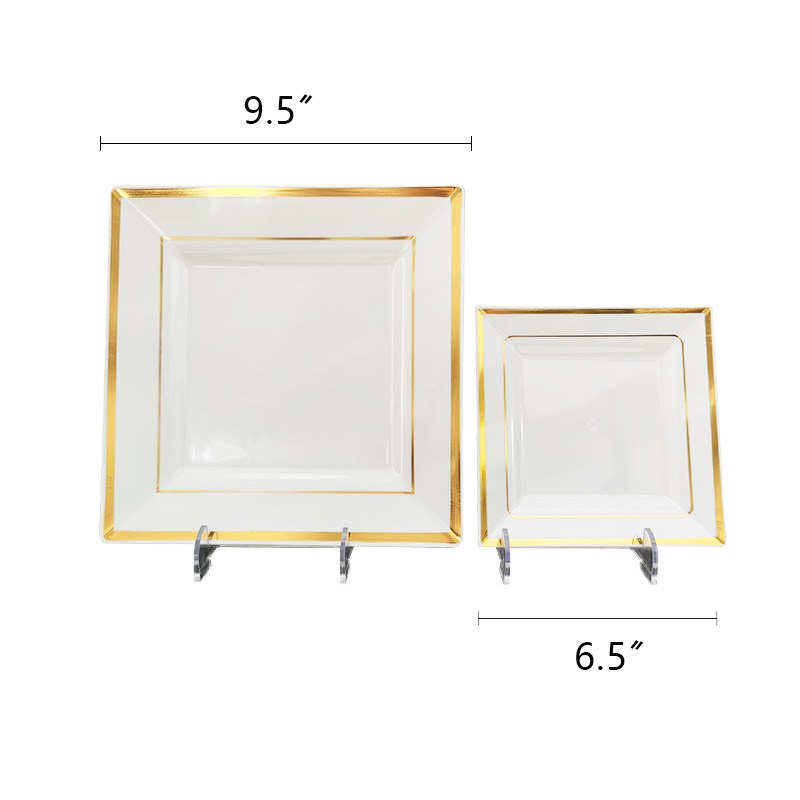 Golden edge disposable square plate party hard plastic birthday party dinner high-end buffet disc knife, fork and spoon