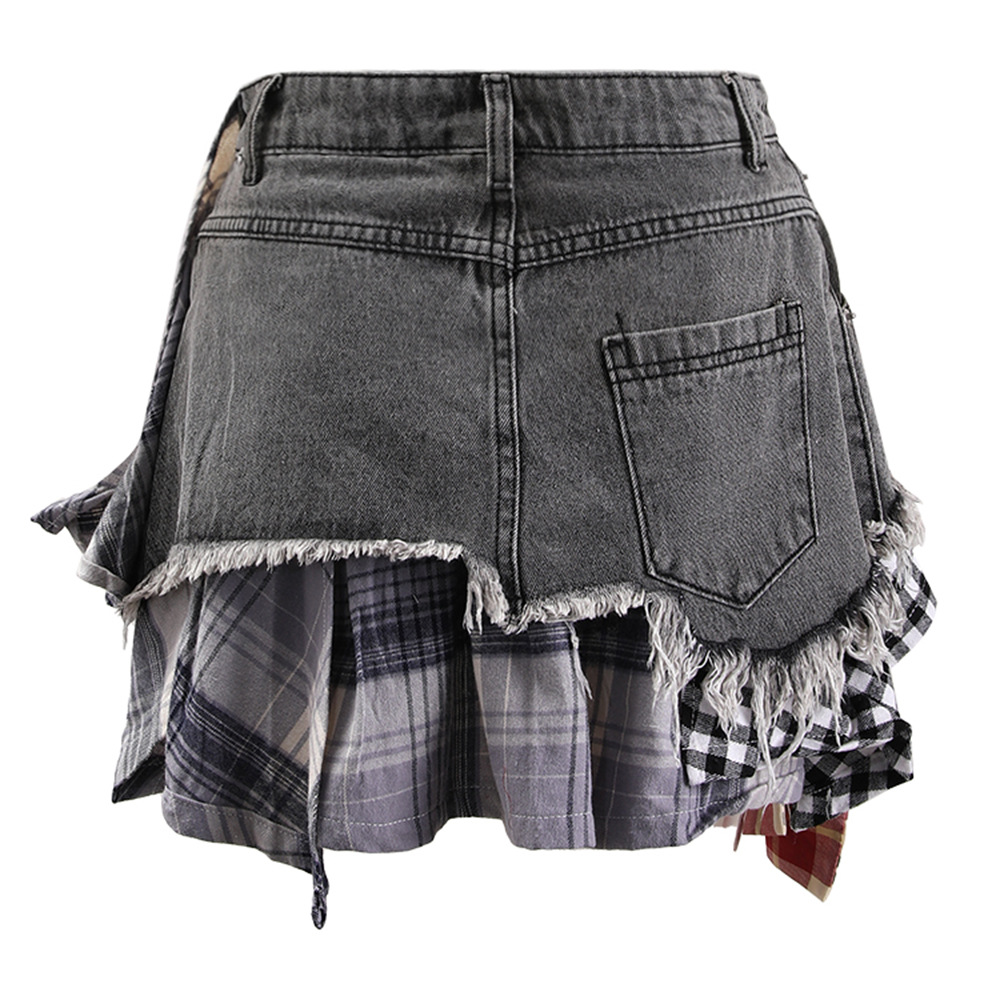 American Style Distinctive Deconstruction Design Sense Denim Skirt Women's Summer New Arrival Irregular Plaid Stitching High Waist Skirt