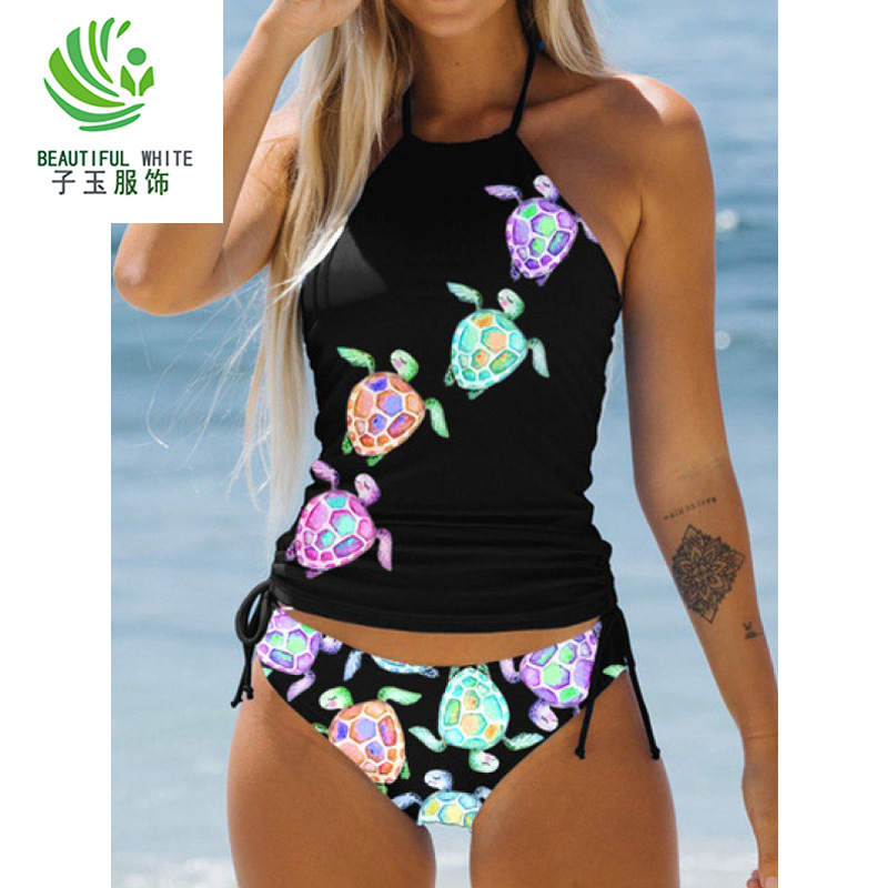 Amazon New European and American Sexy Coconut Tree Printed Strap Swimwear Women's Large Size Conservative Belly Covering Split Bikini
