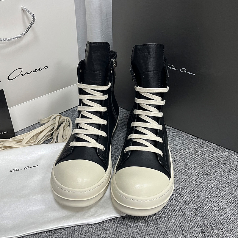New High-top Shoes Men's Slab Shoes Thick-bottom Increased Leather Sports Trendy Cowhide Fleece-lined Women's Couple's Large Size Shoes