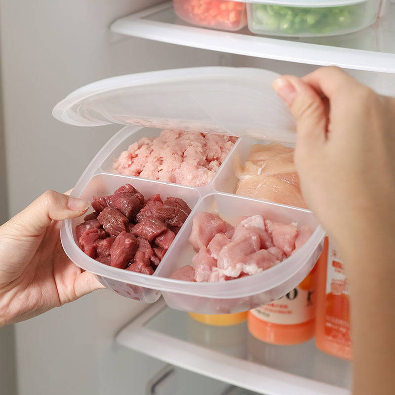 Kitchen Fresh-keeping Box Scallion, Ginger and Garlic Four-compartment Storage Box Refrigerator Storage Box Freezer Box with Lid Transparent Multifunctional Dish Preparation Plate