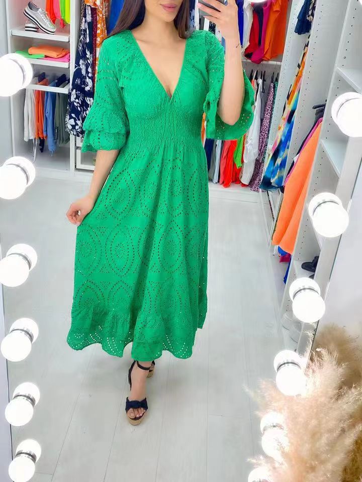 2023 Amazon wish independent station cross-border new fashion foreign trade loose high waist embroidered solid color dress