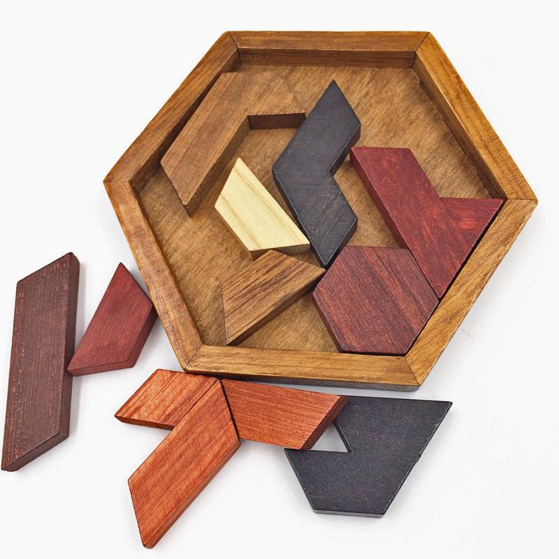 Wooden Puzzle Hexagonal Geometric Puzzle Puzzle Children's Building Blocks Tangram Unlock Kongming Lock Early Education Decompression