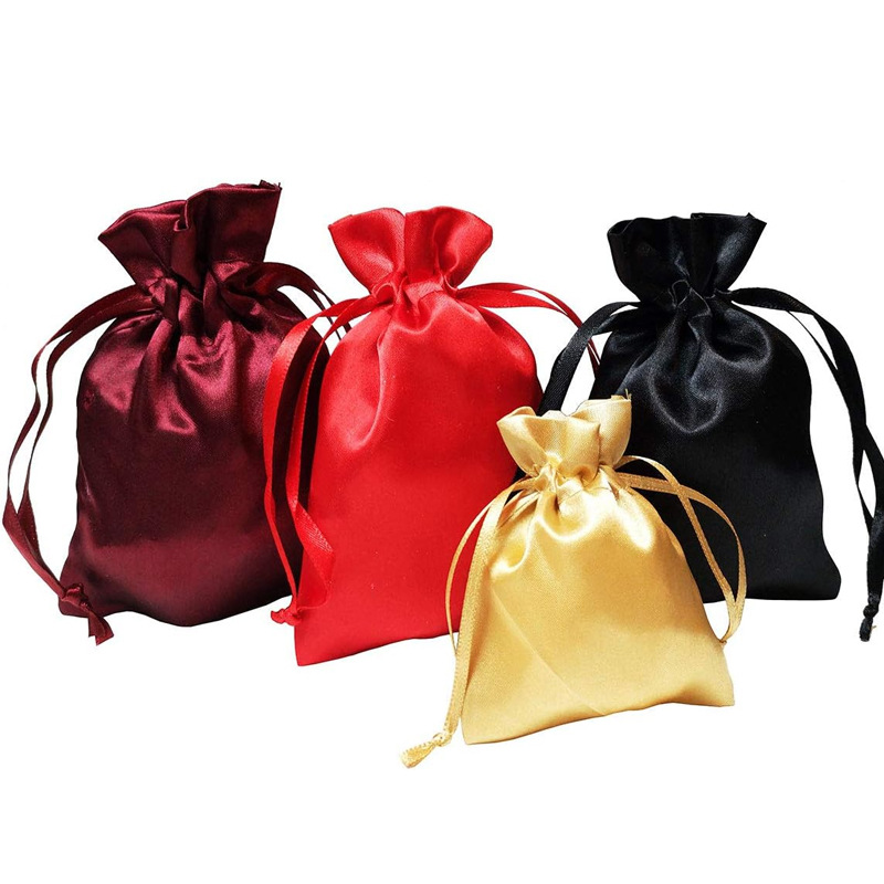 In stock artificial silk drawstring bag cosmetic drawstring satin bag printable logo silk dustproof wig bag