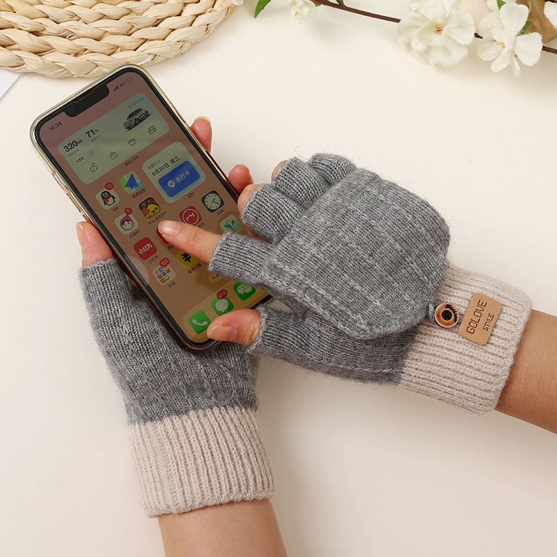 Half finger flip gloves winter warm fleece-lined cold-proof gloves wool knitted gloves autumn and winter open finger finger gloves