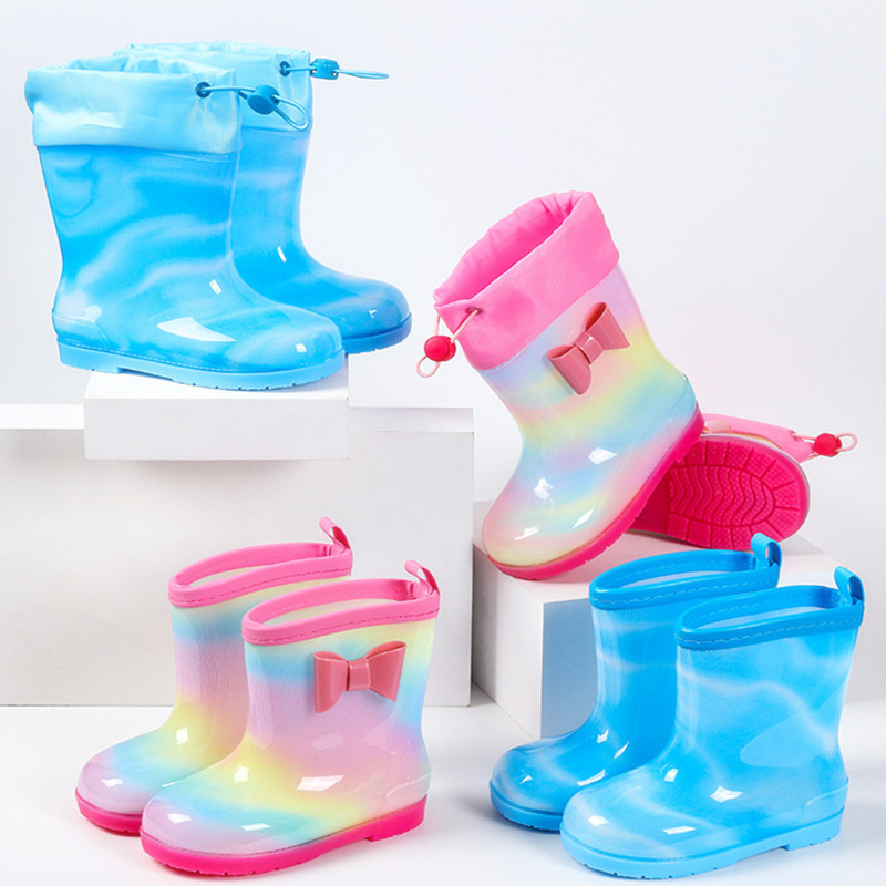 Children's drawstring rain boots girls' cute bow PVC non-slip comfortable mid-calf waterproof lightweight rain boots