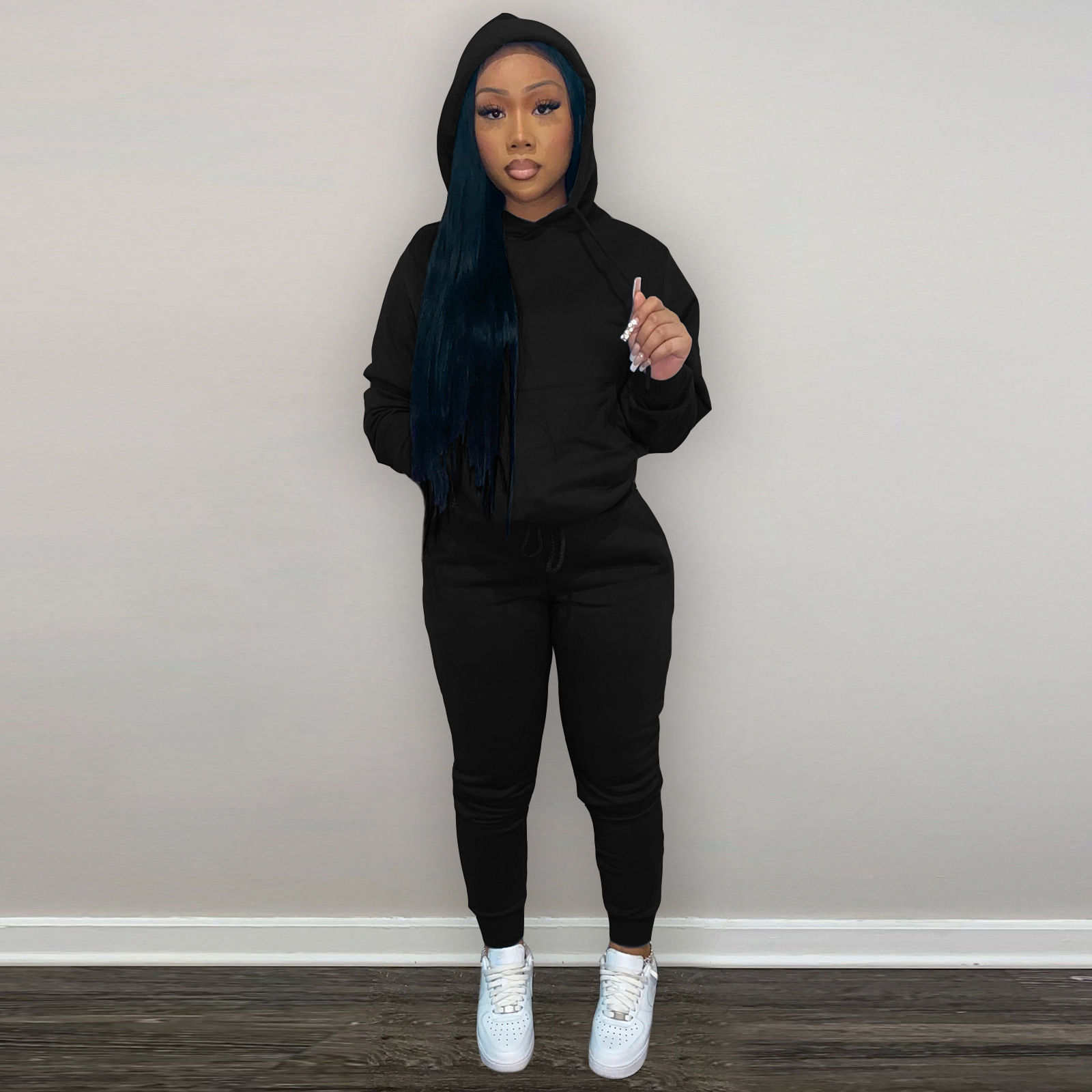 HR8197 European and American women's clothing  independent station supply autumn and winter plus velvet drawstring hooded two-piece set_voghion.com