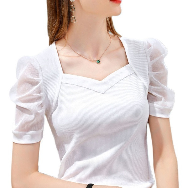 Spot Ice Silk T-shirt Women's 2021 New Summer Short-sleeved T-shirt French Court Style Bubble Sleeve Top Trendy