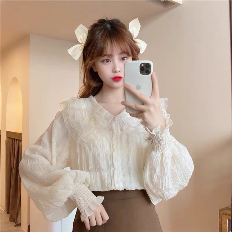 Very Fairy Top Sweet Age-reducing Doll Collar Chiffon Shirt Women's Spring and Autumn Design Sense Small Foreign Style Inner Shirt