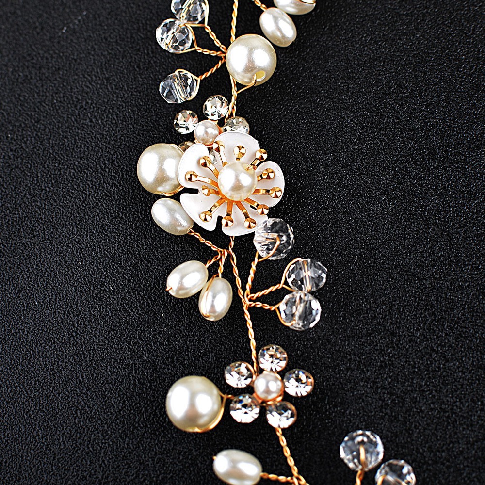 European and American Bride Jewelry Beautiful Flower Handmade Beaded Headband Crystal Pearl Hair Band Wedding Girl's Headwear Hair Accessories