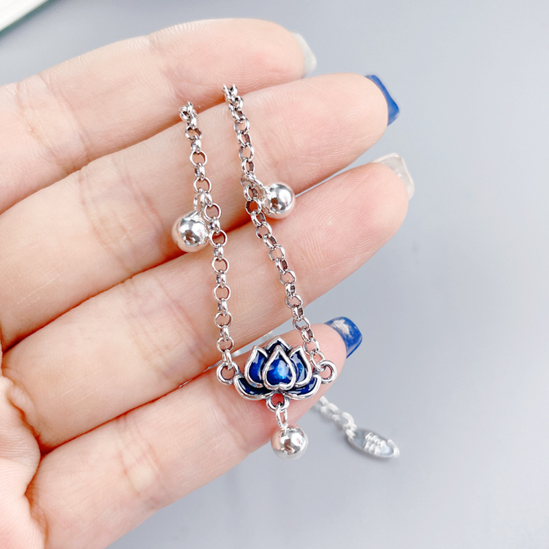 s925 Sterling Silver Blue Lotus Anklet Female Bell Foot Rope Original Design Retro Art Ancient Style Transfer Beads Foot Jewelry