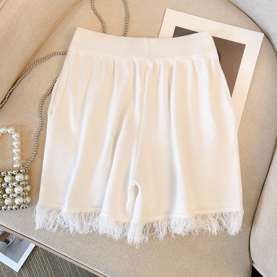 French Sweet and Spicy Style Top Set Women's Pink Tassel Knitted Small Camisole Vest + High Waist Wide Leg Casual Shorts