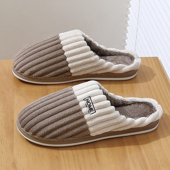 Home cotton slippers women's winter large size indoor wool slippers men's striped plush warm cotton slippers men's wholesale