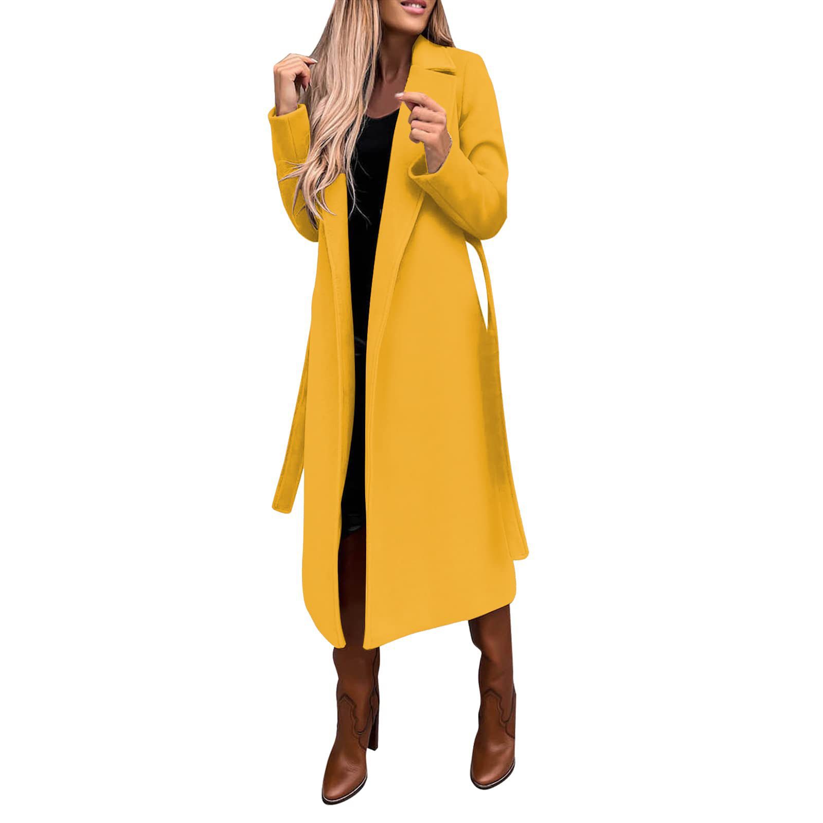 2023 cross-border Amazon European and American autumn and winter women's clothing solid color lapel long sleeve woolen coat simple bandage windbreaker