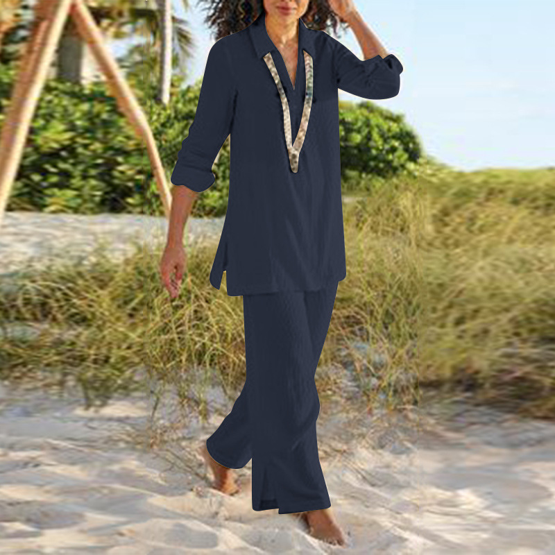 2023 cross-border foreign trade large size women's clothing solid color National style vintage pants set cotton and linen casual long sleeve loose cotton suit