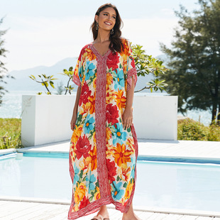 Beach blouse rayon printed vacation robe dress cross-border Amazon 8763