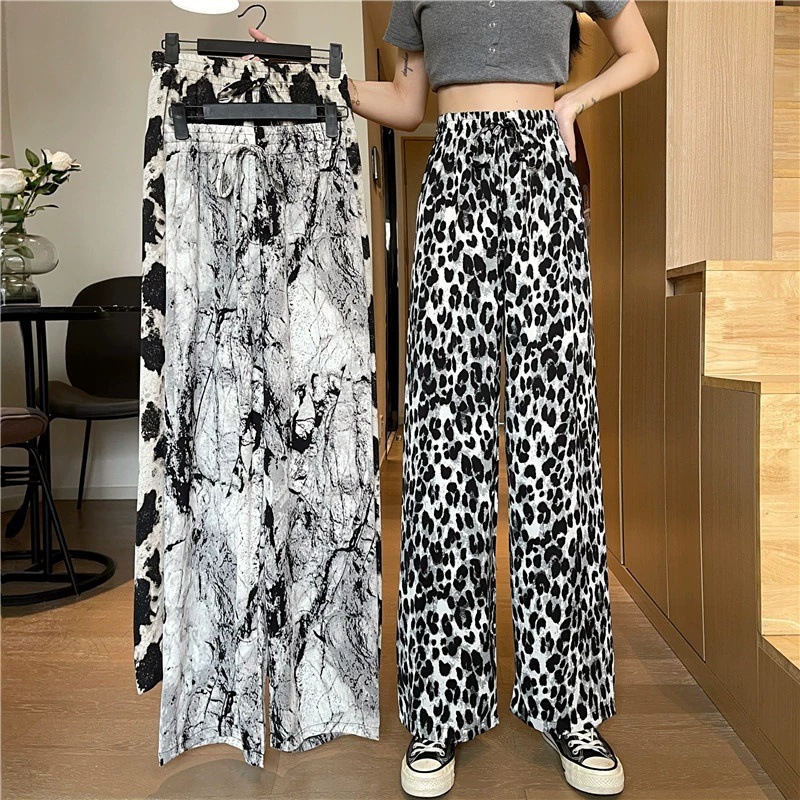 Ink Painting Wide-leg Pants Women's 2025 Summer New High Waist Dosing Loose Chessboard Ice Silk Pants Straight Casual Pants