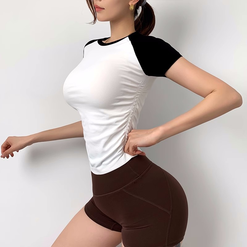 Summer Tight Raglan Sleeve Sports Top Women's Tight Waist Yoga Suit Fitness Short Sleeve Running Casual Quick-drying T-shirt