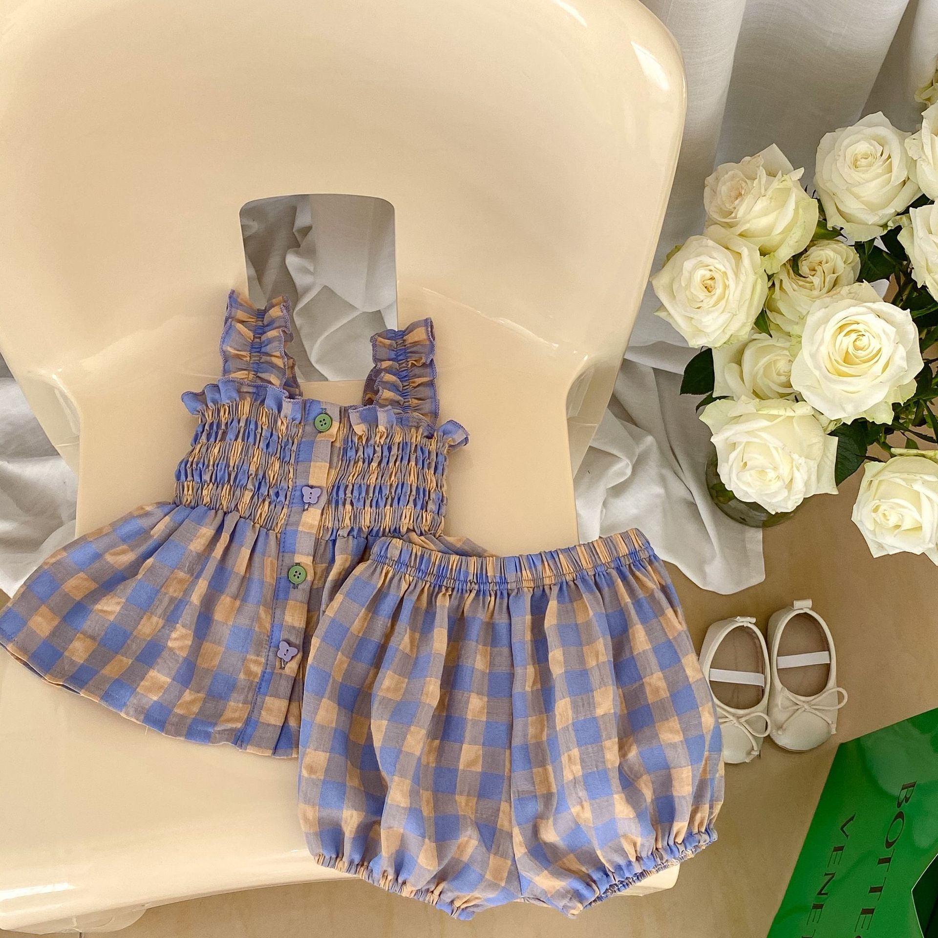 ins Summer Girls' Plaid Suit Western Style Sleeveless Doll Shirt + Bud Shorts Two-Piece Women's Western Style Clothes