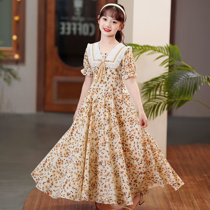 Girls' dress summer short-sleeved floral chiffon dress summer children's dress new girls' summer princess dress