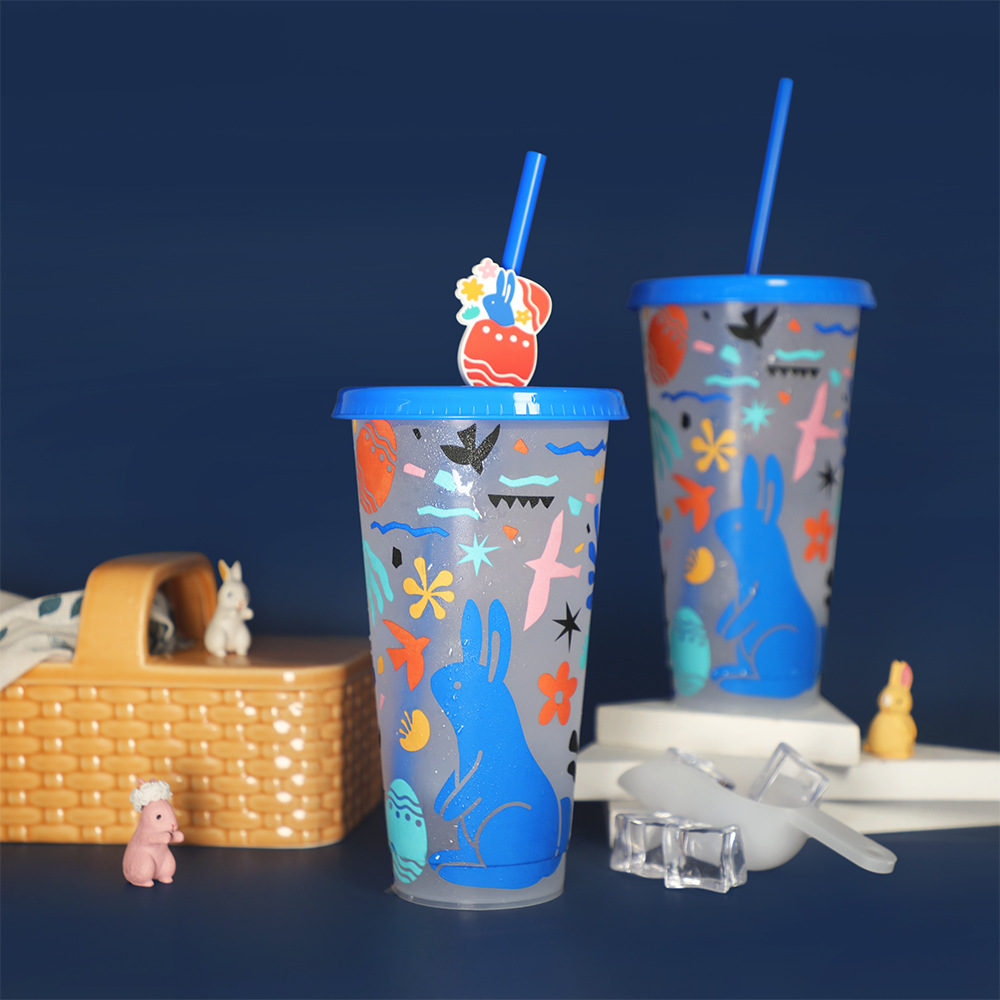 2023 New Easter Color Changing Straw Cup Pp Cup High-Looking Rabbit Pattern Color Changing Cup Customization