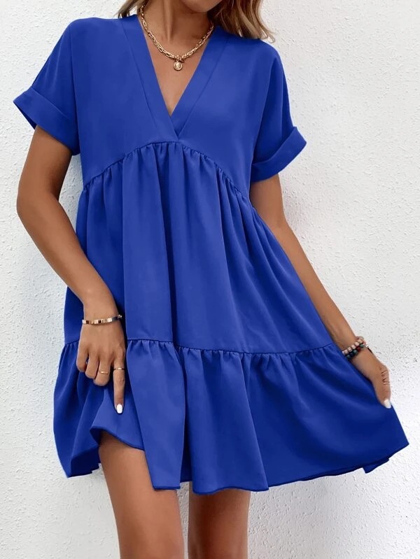 2023 European and American summer new women's clothing fresh sweet V-neck solid color large swing casual short skirt dress