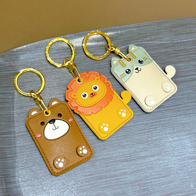 Leather Keychain Access Card Sleeve Cartoon Protective Cover Cute Cat School Bag Pendant Couple Meal Card Gift Wholesale