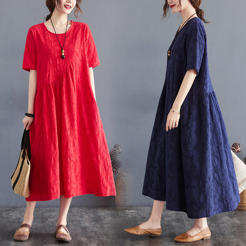 Fat MM real shot 2024 summer new loose simple jacquard irregular large size cotton and linen dress wholesale for women