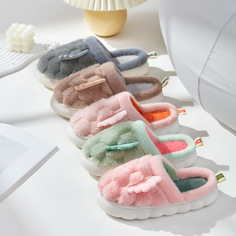 New small wings cotton slippers on excrement feeling turtle fluffy wool slippers large white bottom wholesale soft home ladies