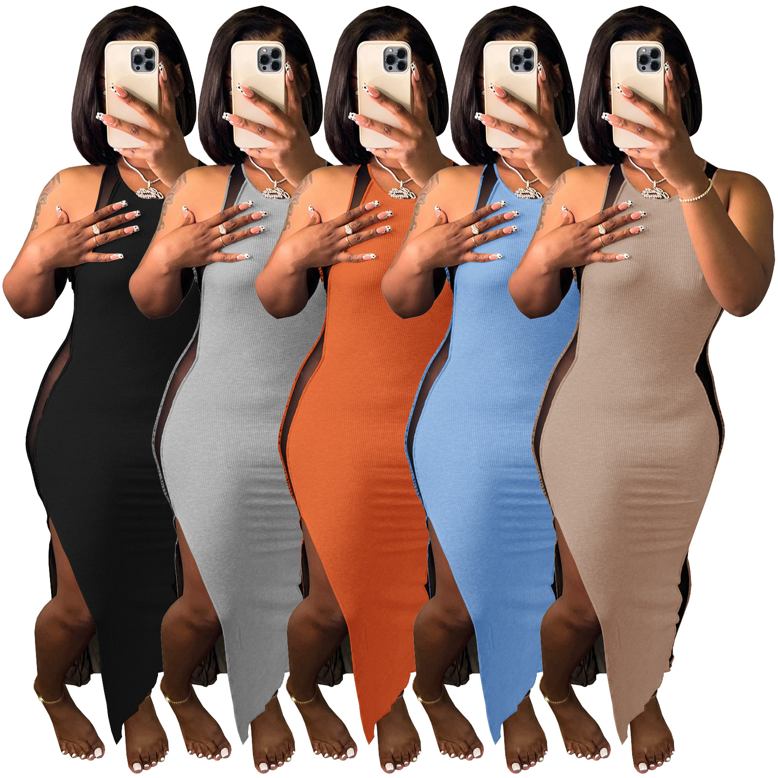 10130 European and American Women Fashion Casual Solid Color Sexy Split Dress