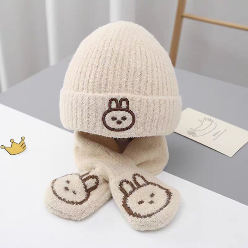 Gorro de bebé de invierno, bonito gorro de lana de conejo de estilo coreano para niños y niñas, gorro de punto para bebé de otoño e invierno, traje con bufanda_voghion.com