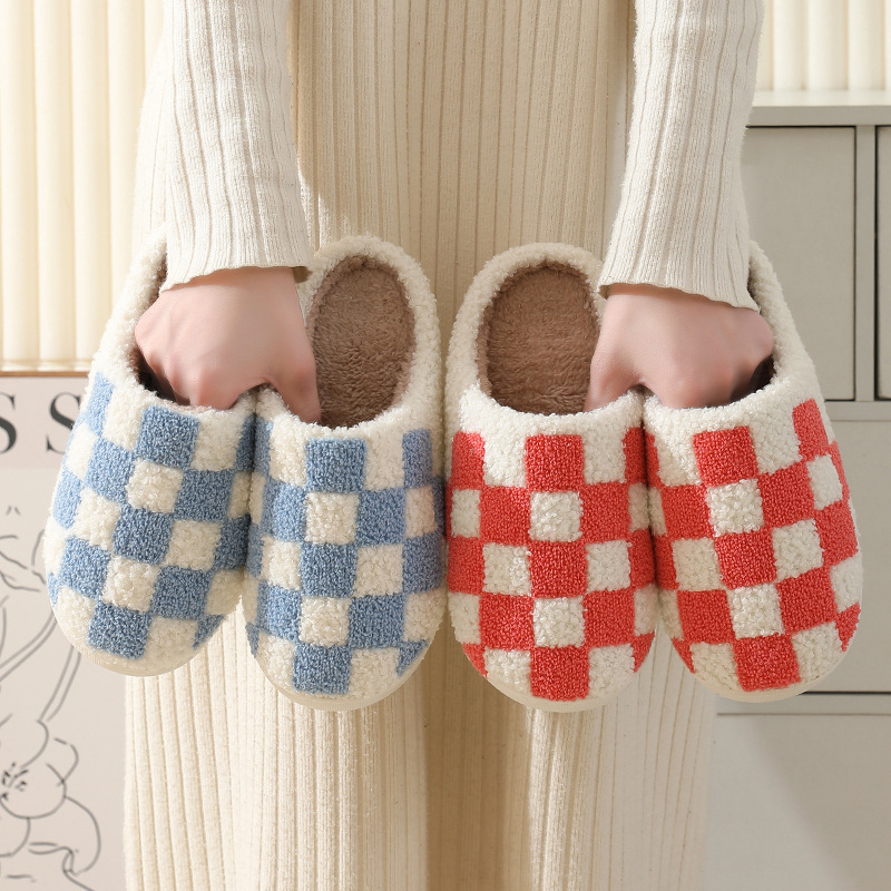 2023 new winter checkerboard cotton slippers for men and women couples indoor home plush warm cotton slippers wholesale