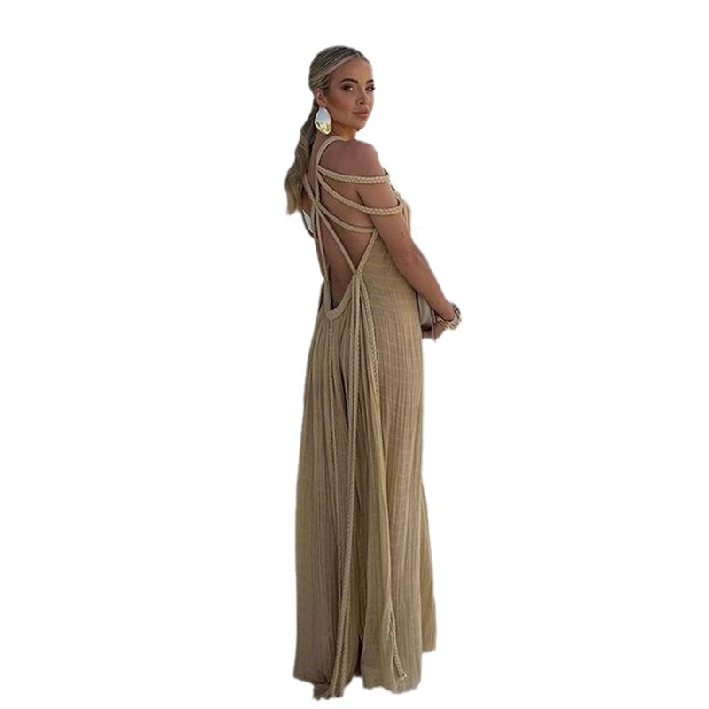2024 new cross-border European and American spring women's long dress lace off-shoulder sexy halter loose holiday beach dress