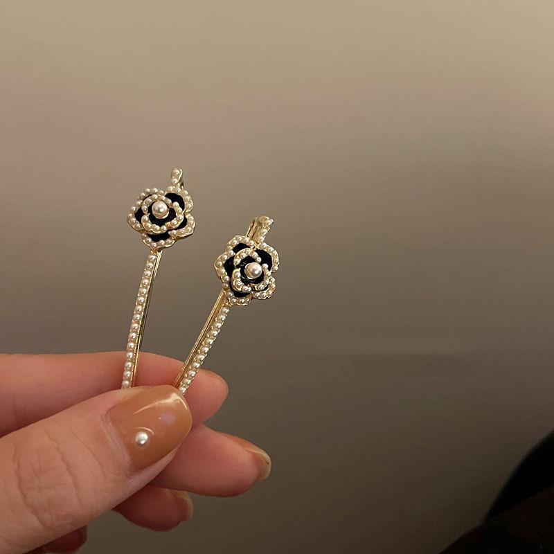 French Retro Black Camellia Pearl Hairpin Korean Hair Accessories Headwear One Word Clip Side Clip Side Hairpin Clip