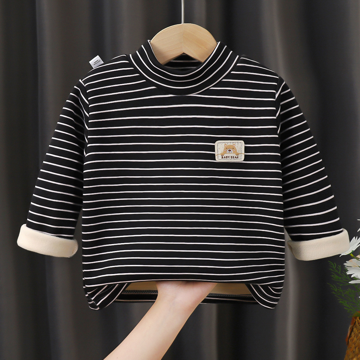 Children's Fleece-lined Base Shirt Autumn and Winter New Thickened Warm Baby's T-shirt Girls' Mid-high Collar Warm Top Children's Wear