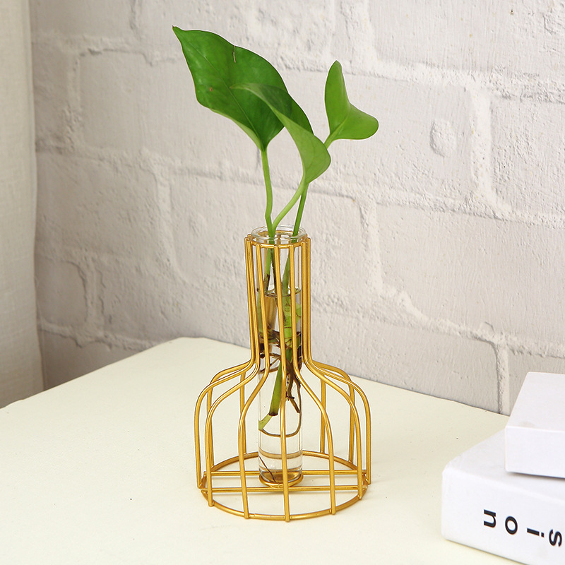 Wholesale Nordic Iron Gold Small Diameter Vase Ornaments Living Room Desktop Decorations Hydroponic Glass Tube Utensils