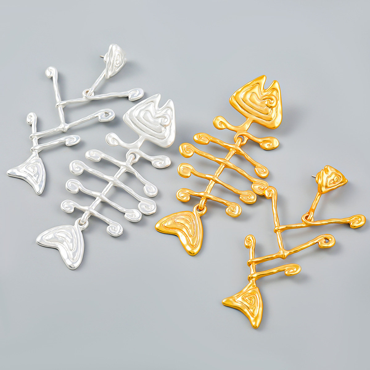 復古氣質時尚合金魚骨不對稱耳環女歐美誇張文藝耳墜批發earrings