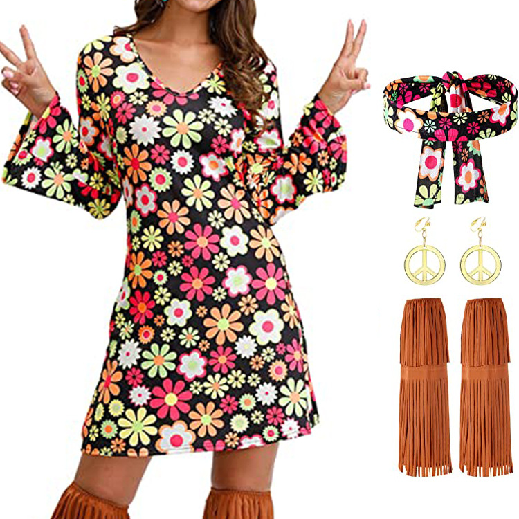 20.23 million Holy Festival 70 s Hippie Disco Costume Holiday Dress Turban + Printed Dress Two-Piece Set
