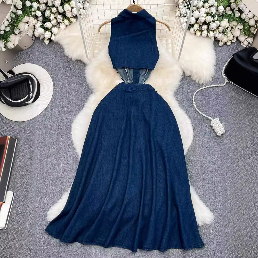 Retro lapel hollow-out waist slimming sleeveless single-breasted A- line split Denim dress casual dress