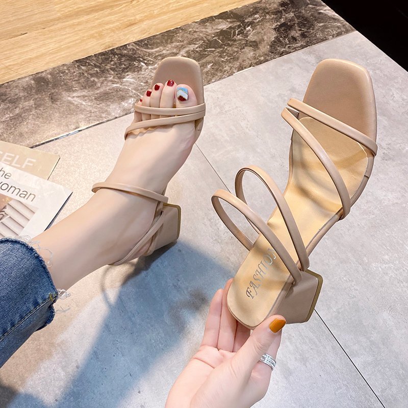 Black Thin Strap Sandals Women's Fairy Style 2021 New Mid-Heel Sandals and Slippers Women's Outer Wear Thick Heel Women's Shoes