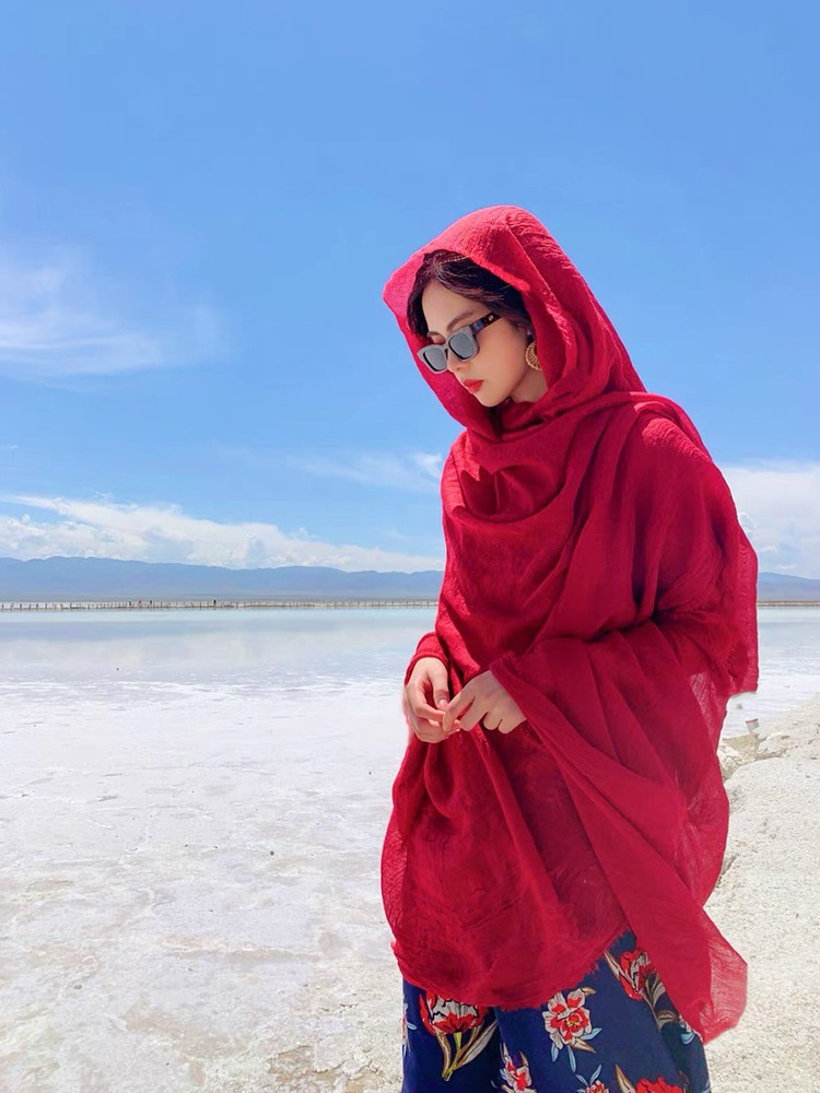 Red Photo Cotton and Linen Scarf Desert Sunscreen Shawl Seaside Tourism Beach Qinghai Chaka Salt Lake Scarf Women