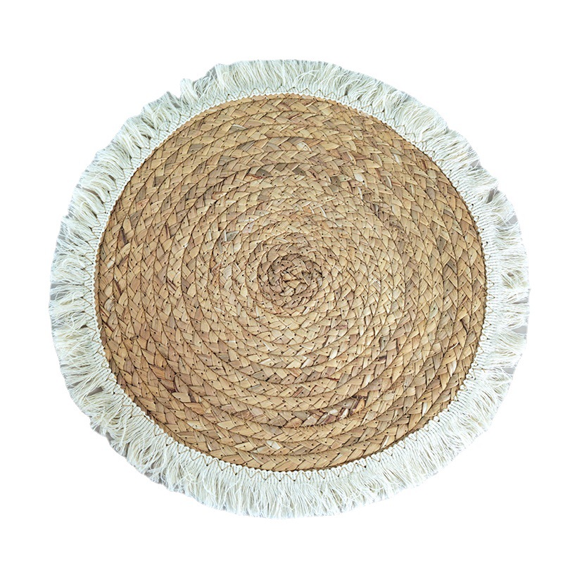 Amazon Round Straw Mat Water Hyacinth Straw Woven Western Restaurant Table Mat Thickened Heat Insulated Tassel Side Coaster