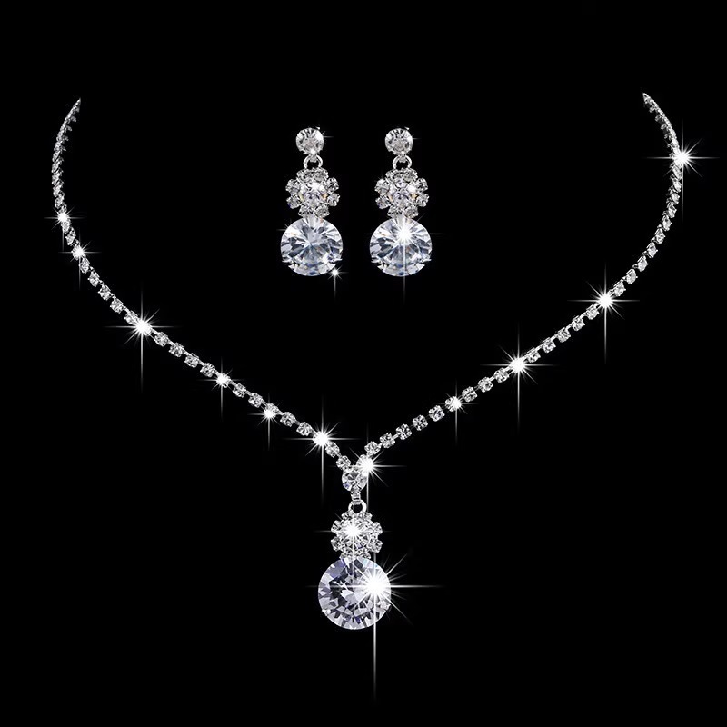 Korean-style bridal jewelry rhinestone necklace women's earrings two-piece set simple suit wedding yarn dress all-match accessories